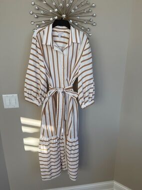 Striped Button-Front Midi Shirtdress with Tie Waist